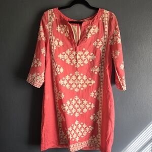 J. Crew Coral and Cream Linen Batik Tunic Dress Size 10